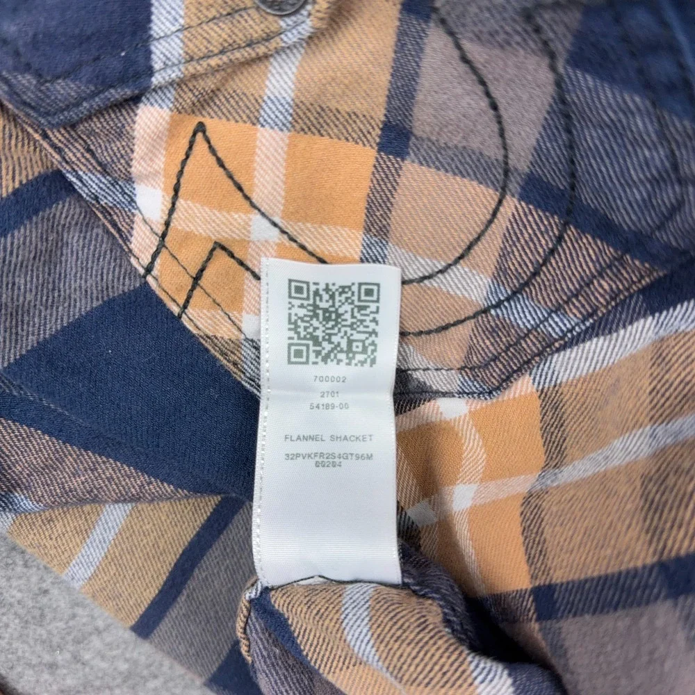 True Religion Shirt Mens Large Blue Tan Plaid Flannel Shacket Logo‎ Flap Pockets